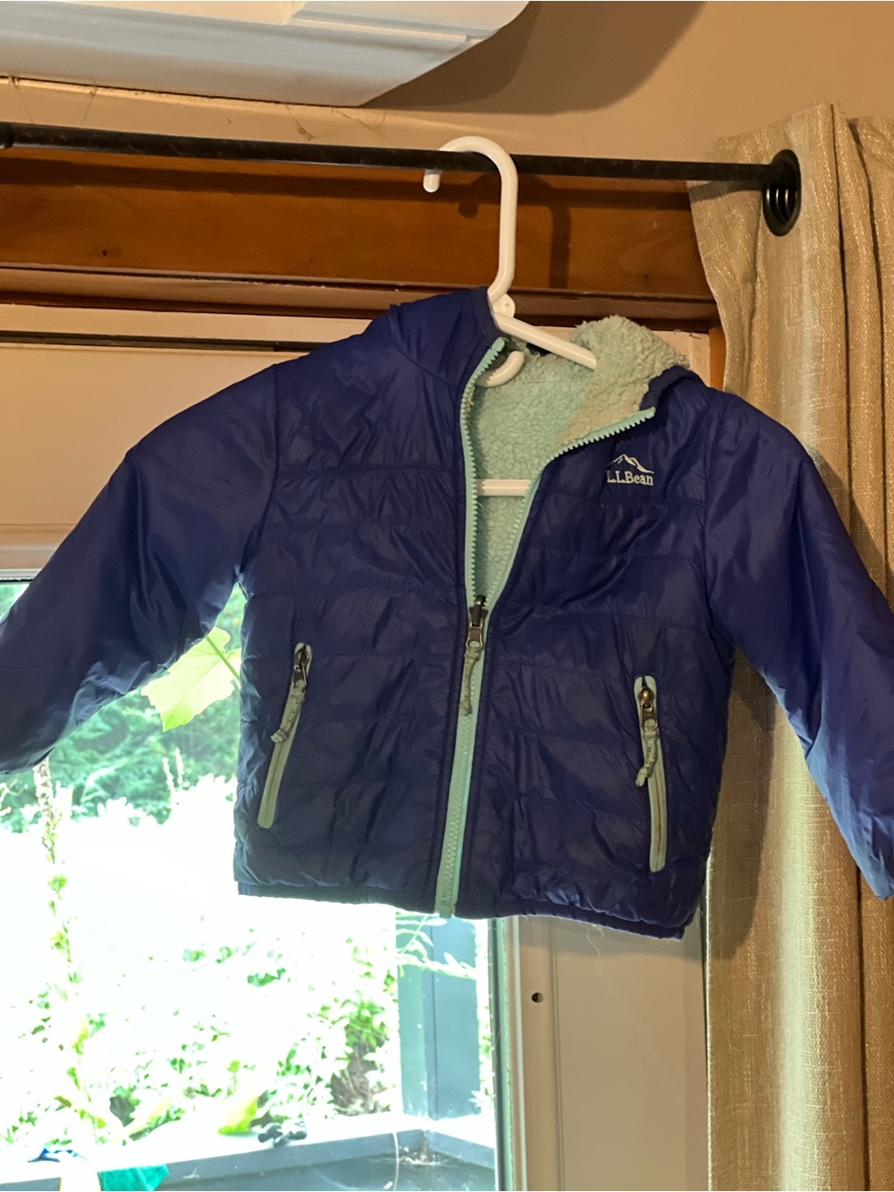 L.L. Bean Navy Kids' Puffer Jacket with Mint Sherpa Lining